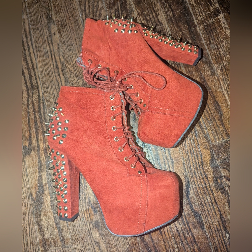 Burnt Orange Ankle Boot Heels W/Gold Spike Embellishments